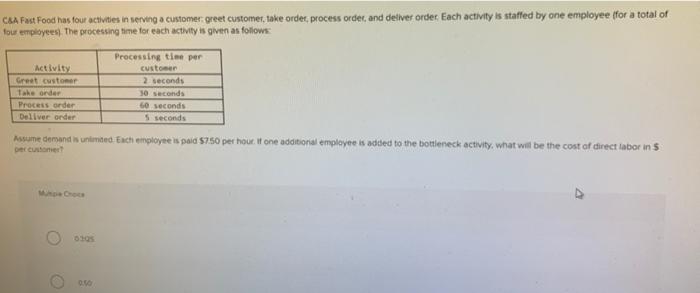 C&A Fast Food has four activities in serving a customer: greet customer,