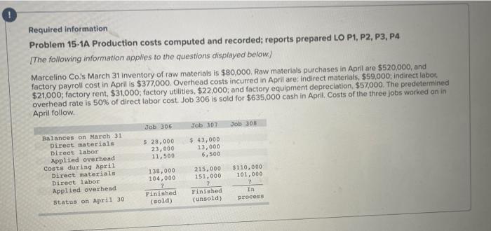 Required information. Problem 15-1A Production costs computed and recorded; reports prepared LO