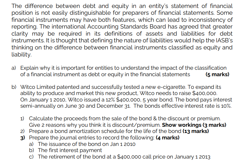 The difference between debt and equity in an entity's statement of financial