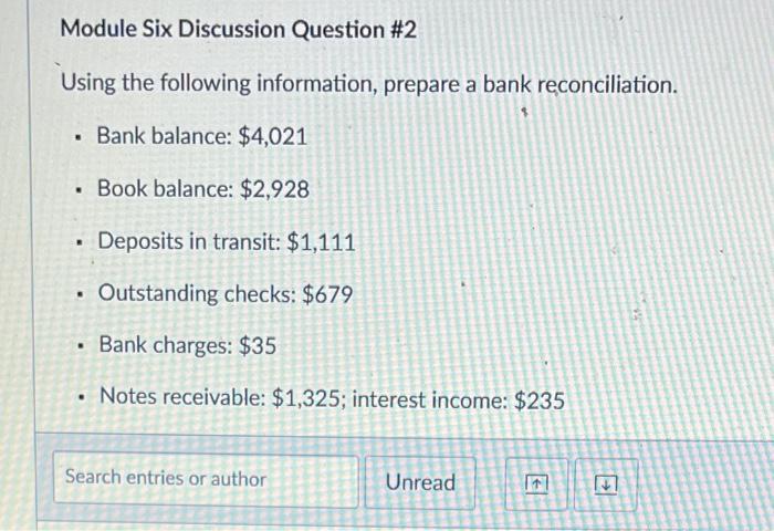Module Six Discussion Question #2 Using the following information, prepare a bank