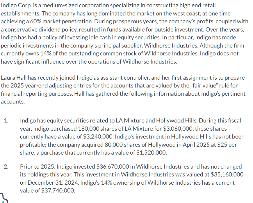 Indigo Corp. is a medium-sized corporation specializing in constructing high end retail