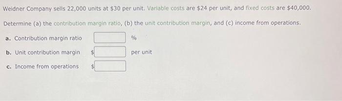 Weidner Company sells 22,000 units at $30 per unit. Variable costs are