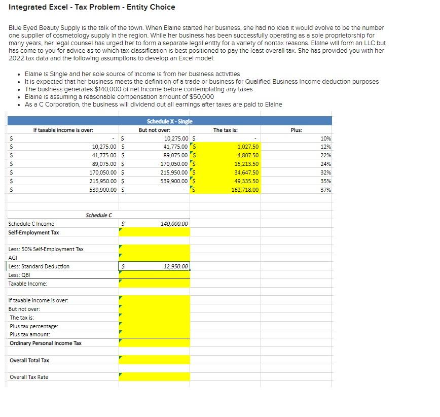 Integrated Excel - Tax Problem - Entity Choice Blue Eyed Beauty Supply