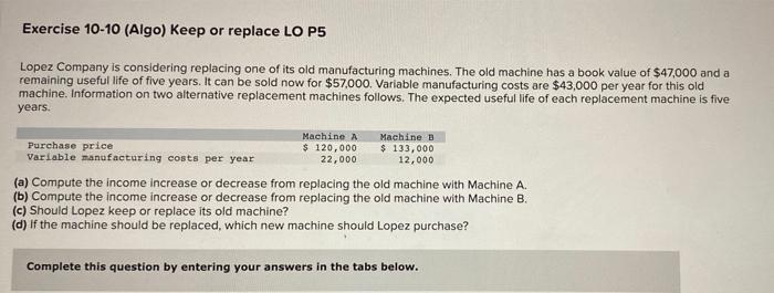 Exercise 10-10 (Algo) Keep or replace LO P5 Lopez Company is considering