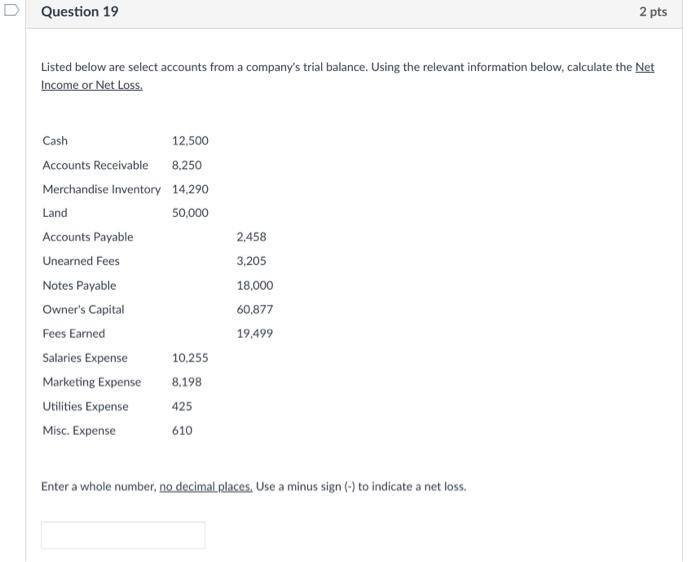 Question 19 2 pts Listed below are select accounts from a company's