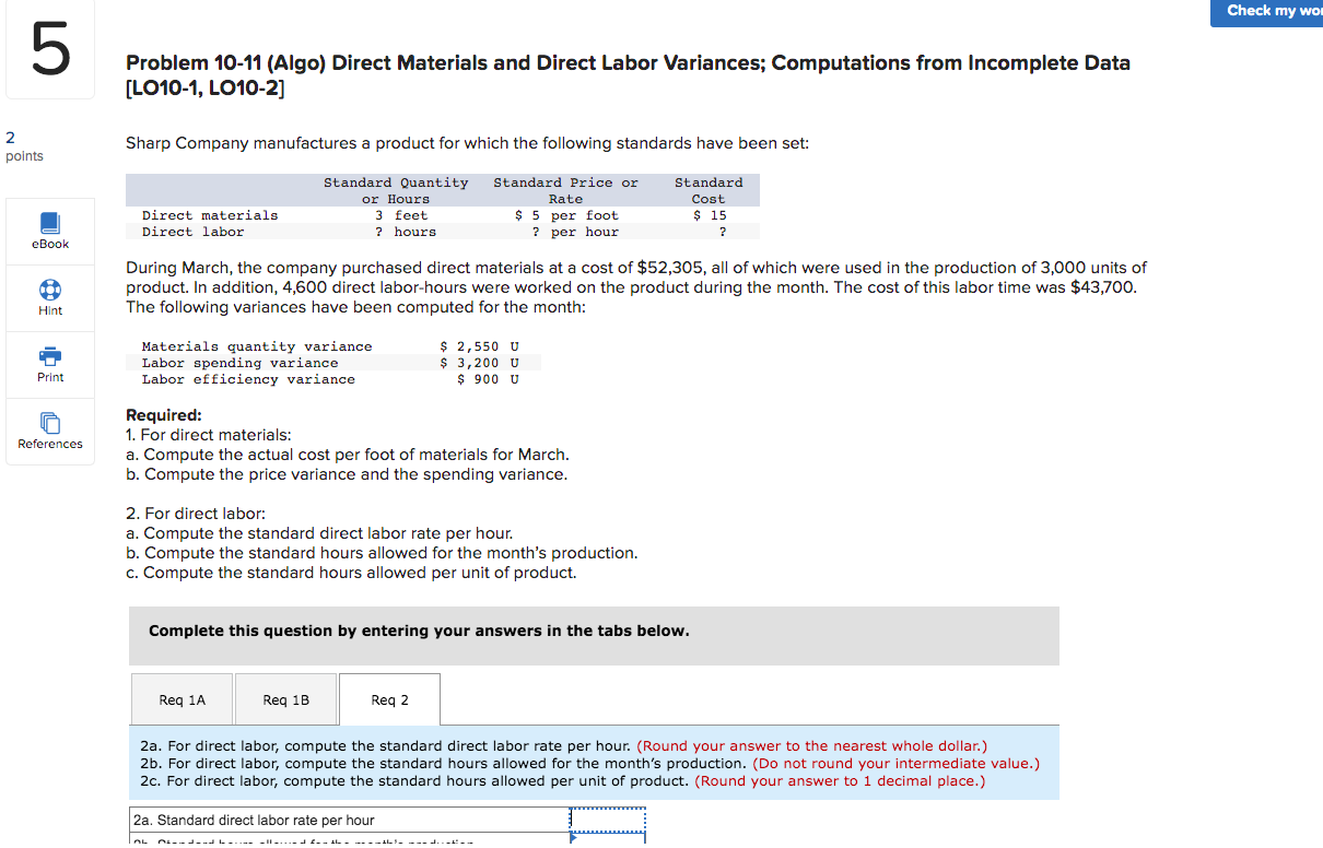 5 2 points eBook Hint Problem 10-11 (Algo) Direct Materials and Direct