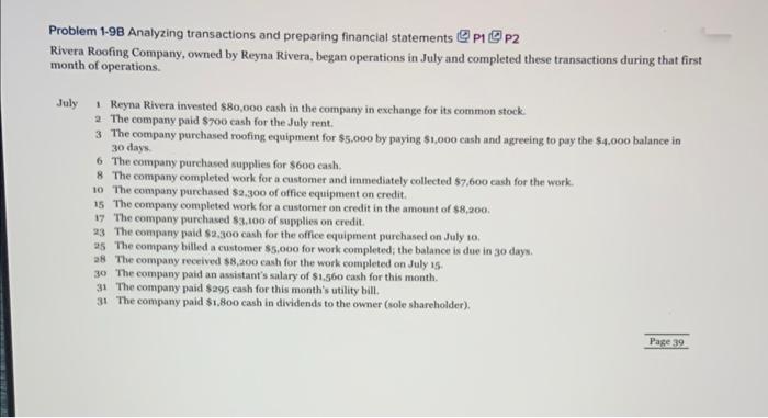 Problem 1-98 Analyzing transactions and preparing financial statements P1 P2 Rivera Roofing