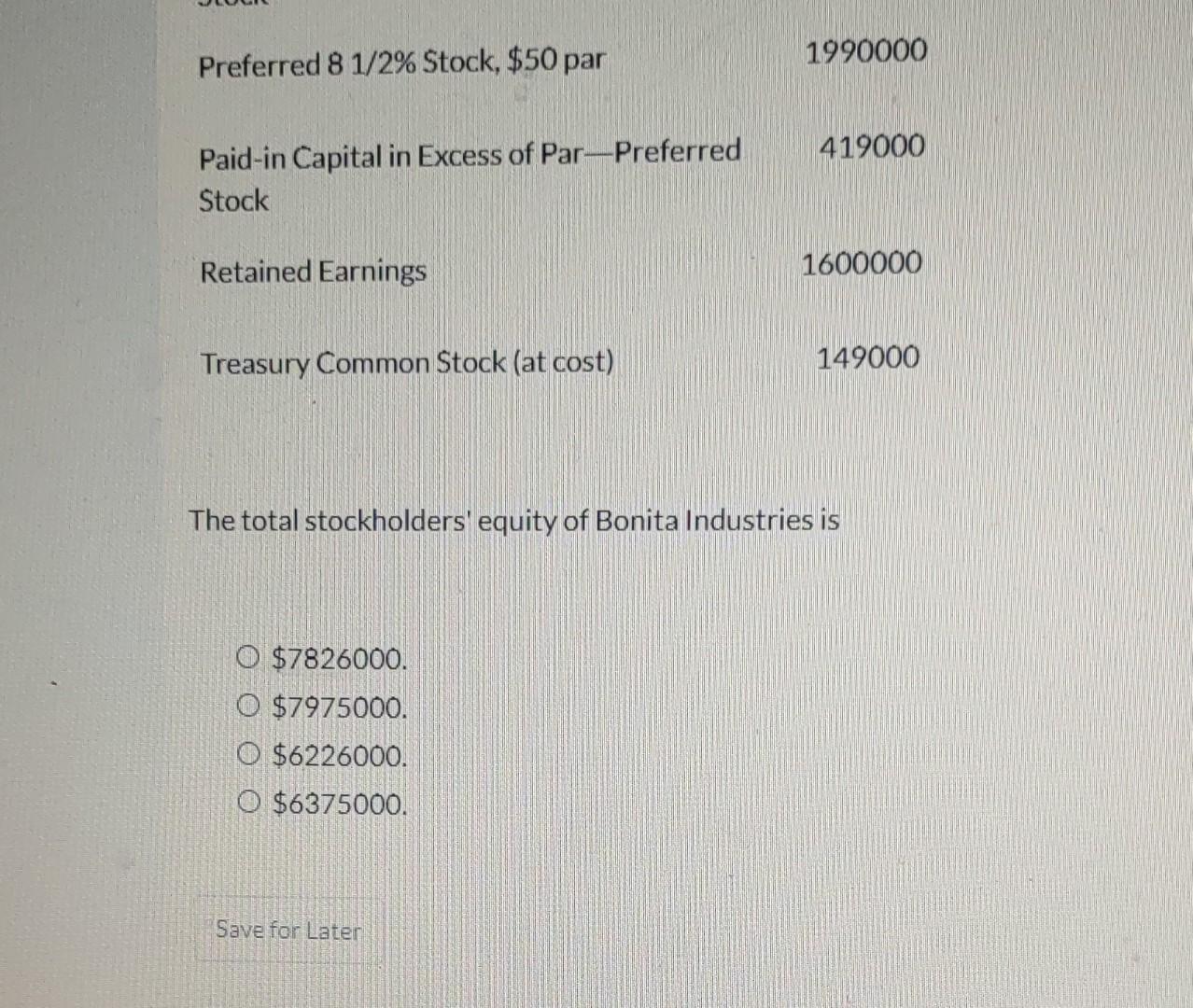 Bonita Industries: Common Stock, $1 par $3420000 Paid-in Capital in Excess of