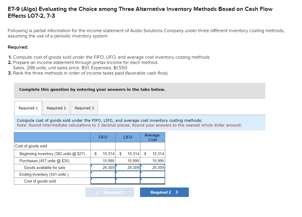 E7-9 (Algo) Evaluating the Choice among Three Alternative Inventory Methods Based on