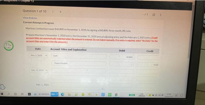 Assignment 1. Chapter 13 71 Question 1 of 10 < > View