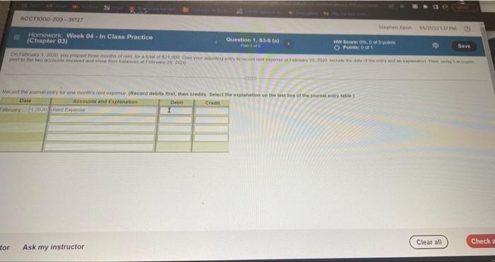 ACCT1000-203-31727 Homework Week 04-In Class Practice (Chapter 03) Question 1, 53-8(a) Stephen