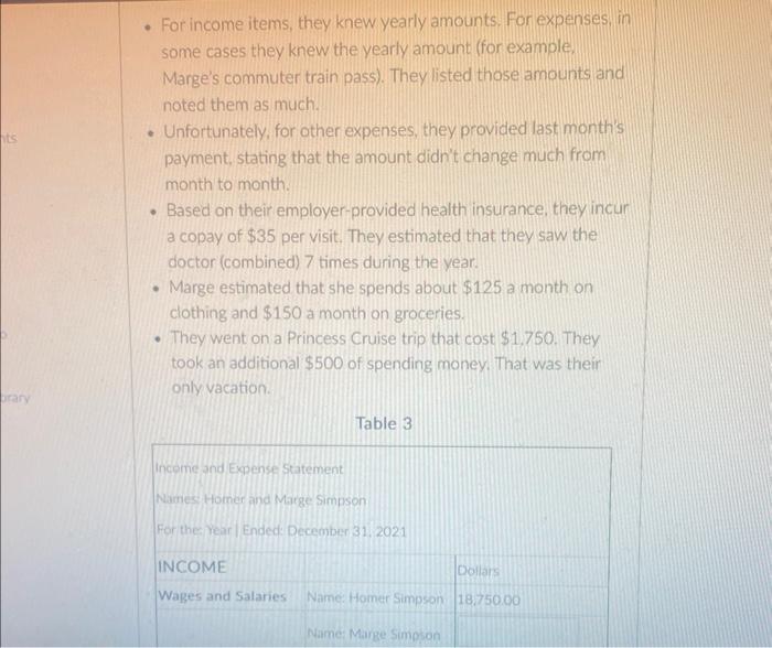 to complete table 3 by filling in the blanks. Homer and Marge