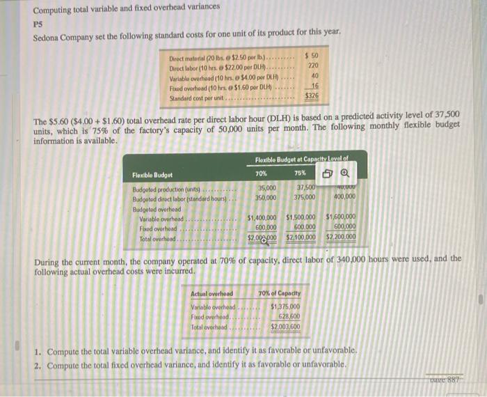 Computing total variable and fixed overhead variances P5 Sedona Company set the
