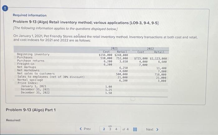 Required information Problem 9-13 (Algo) Retail inventory method; various applications (LO9-3, 9-4,