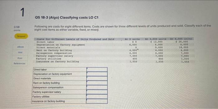 1 0.58 points QS 18-3 (Algo) Classifying costs LO C1 Following are