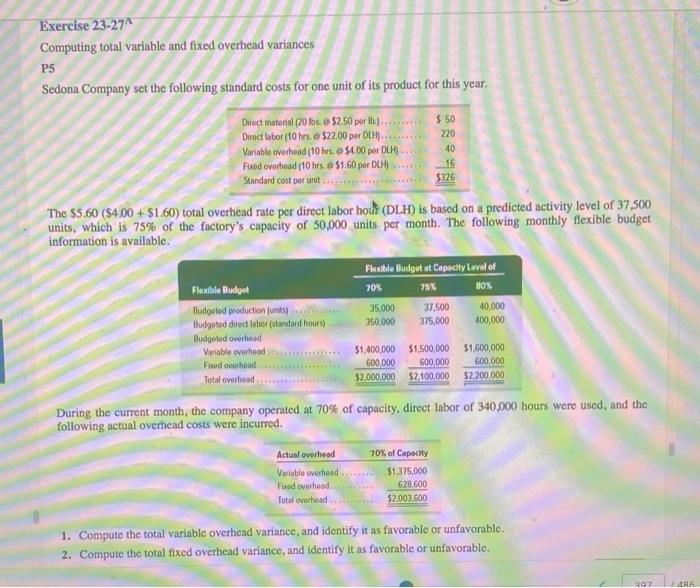 Exercise 23-27A Computing total variable and fixed overhead variances P5 Sedona Company