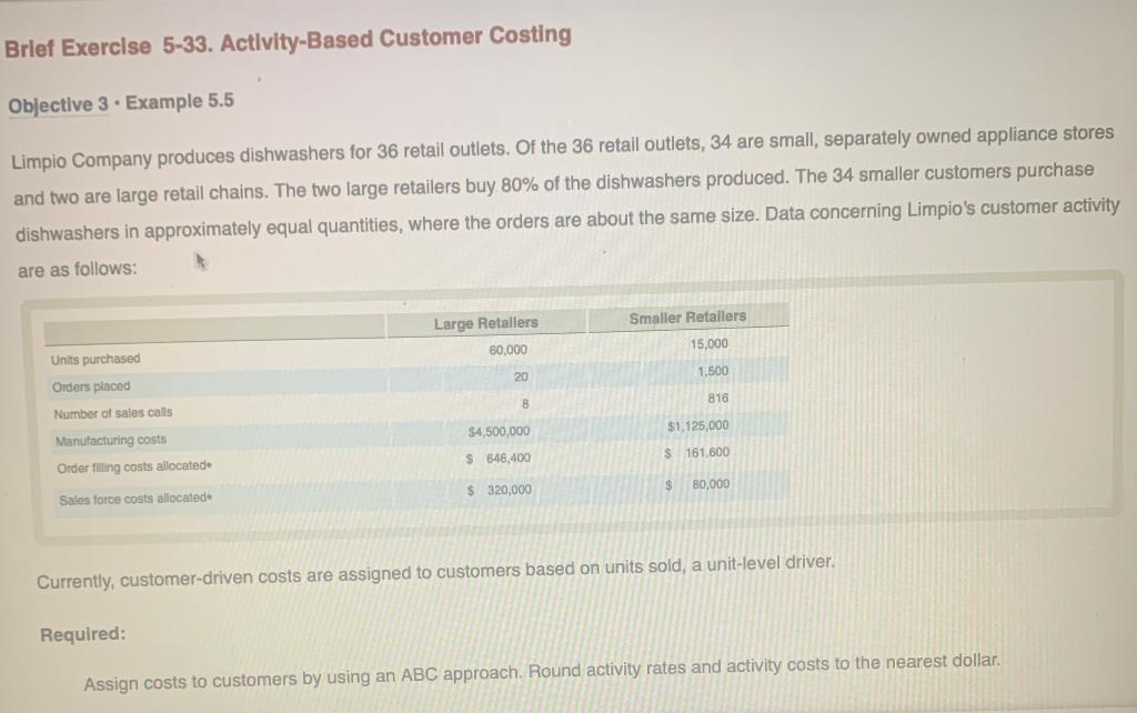 Brief Exercise 5-33. Activity-Based Customer Costing Objective 3 Example 5.5 Limpio Company