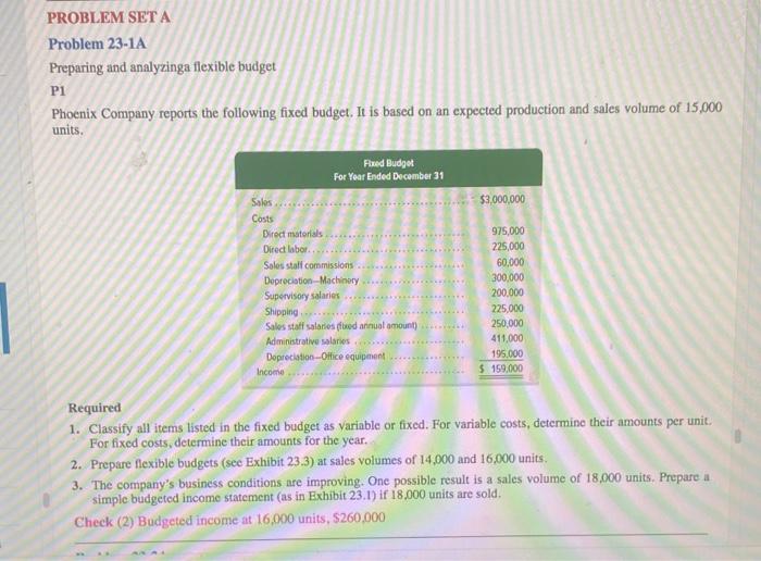 PROBLEM SET A Problem 23-1A Preparing and analyzinga flexible budget P1 Phoenix