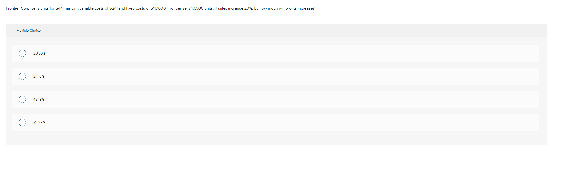Frontier Corp. sells units for $44, has unit variable costs of $24,