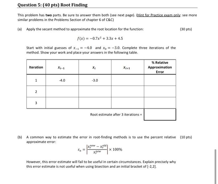 Question 5: (40 pts) Root Finding This problem has two parts. Be