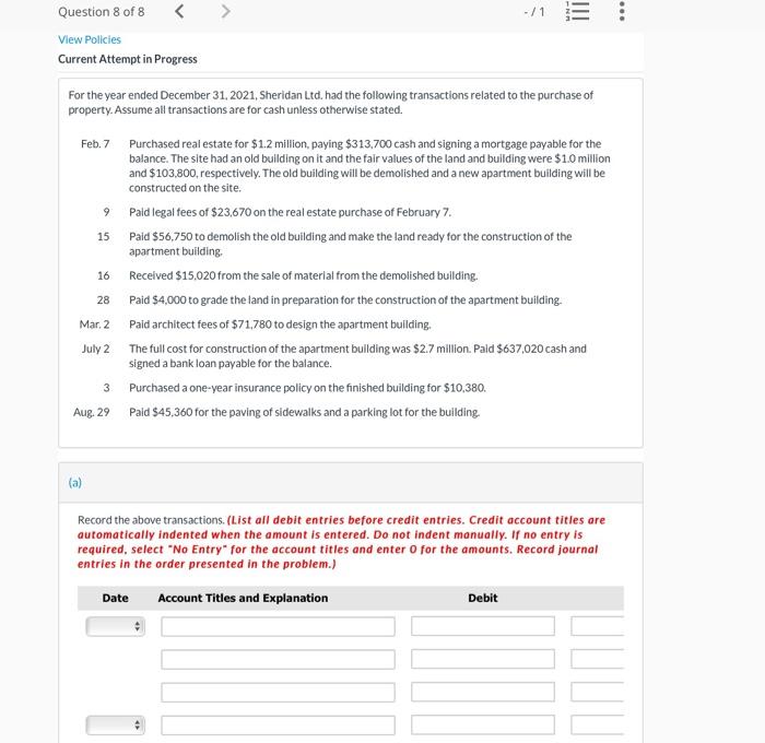 Question 8 of 8 < View Policies -/1 E : Current Attempt