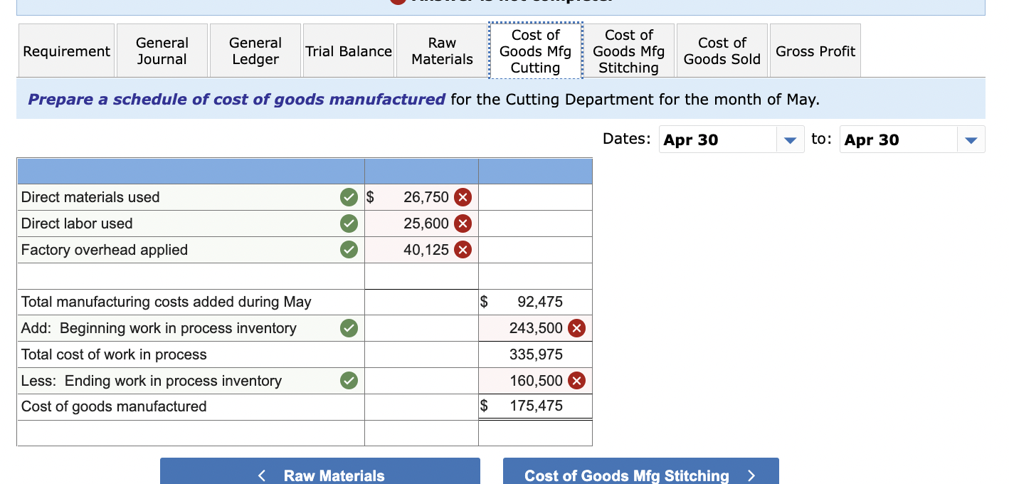 Apr 30 Calculate cost of goods sold: Cost of goods manufactured Beginning