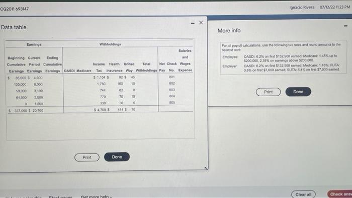 CG2011 693147 Data table Ignacio Rivera 07/12/22 11:23 PM Eamings Beginning Current