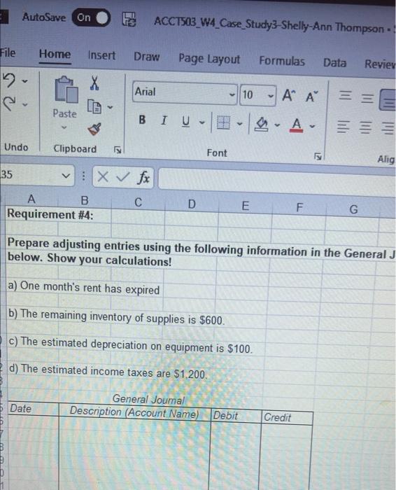 AutoSave On File Home Insert Draw 2. X Arial ACCT503 W4 Case