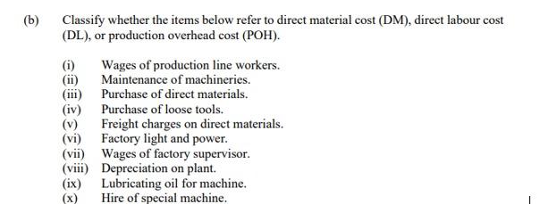 (b) Classify whether the items below refer to direct material cost (DM),
