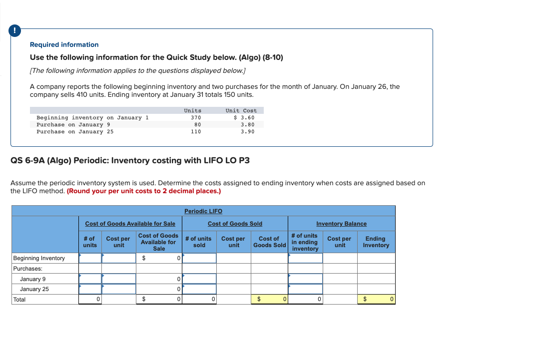 (Algo) (8-10) [The following information applies to the questions displayed below.] A