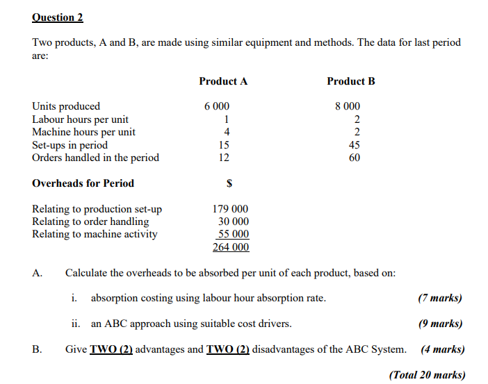 Question 2 Two products, A and B, are made using similar equipment