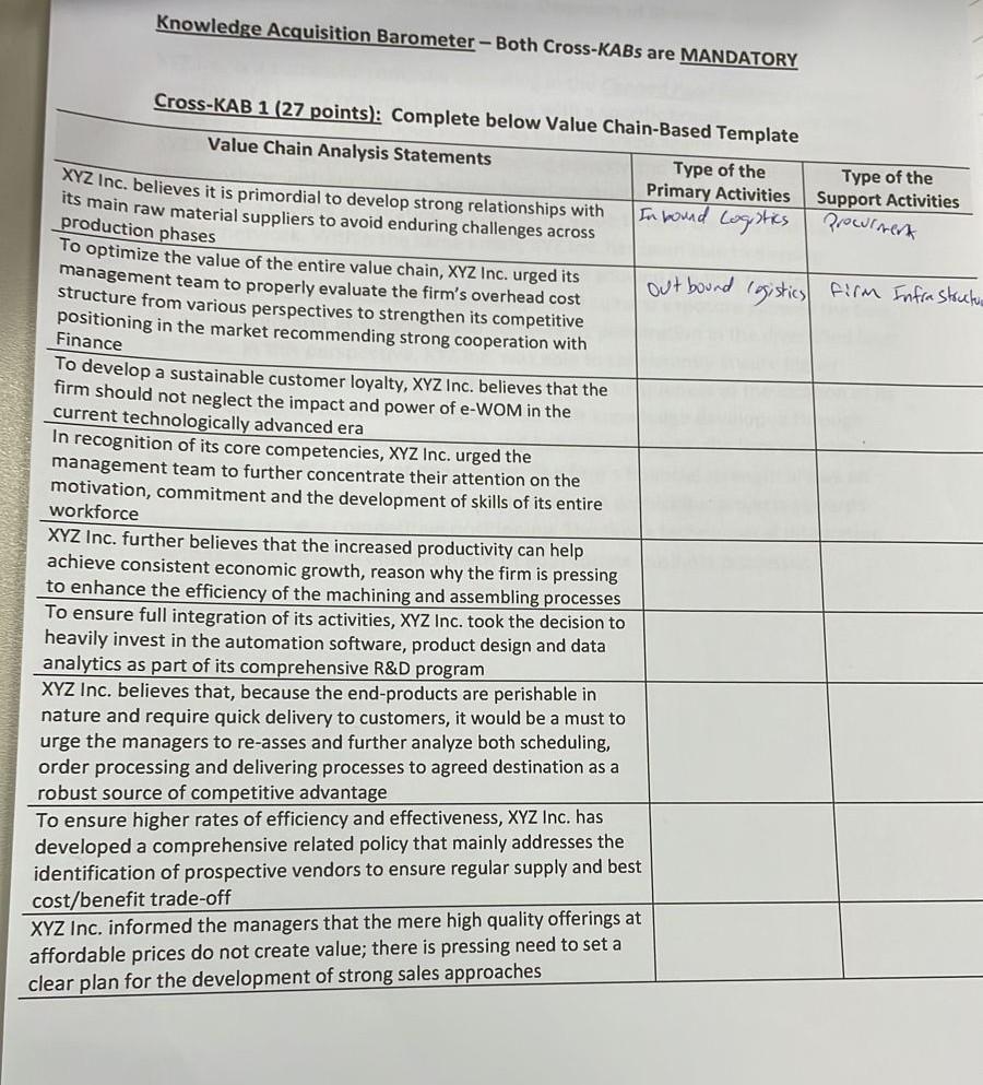 Knowledge Acquisition Barometer-Both Cross-KABS are MANDATORY Cross-KAB 1 (27 points): Complete below