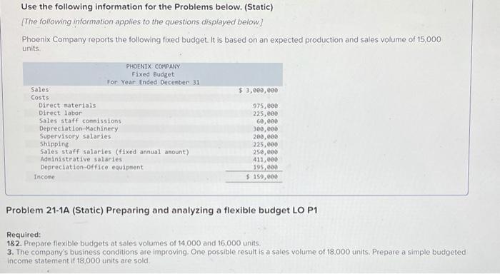 Use the following information for the Problems below. (Static) [The following information