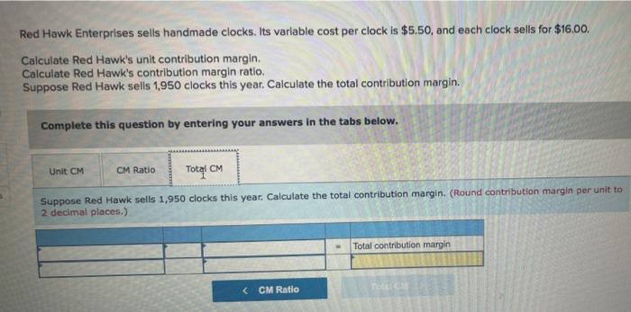 margin. Calculate Red Hawk's contribution margin ratio. Suppose Red Hawk sells 1,950