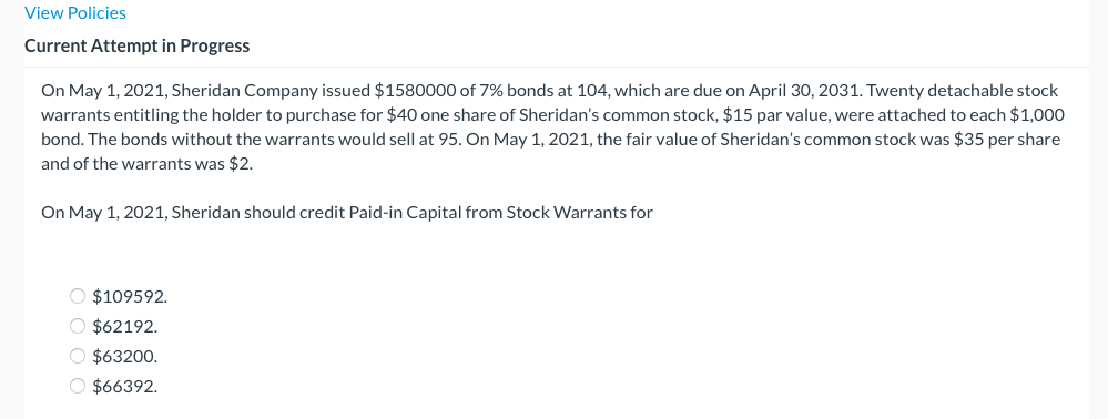View Policies Current Attempt in Progress On May 1, 2021, Sheridan Company