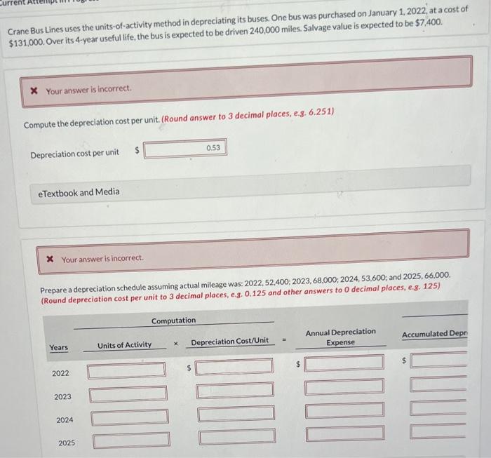 Curre Crane Bus Lines uses the units-of-activity method in depreciating its buses.
