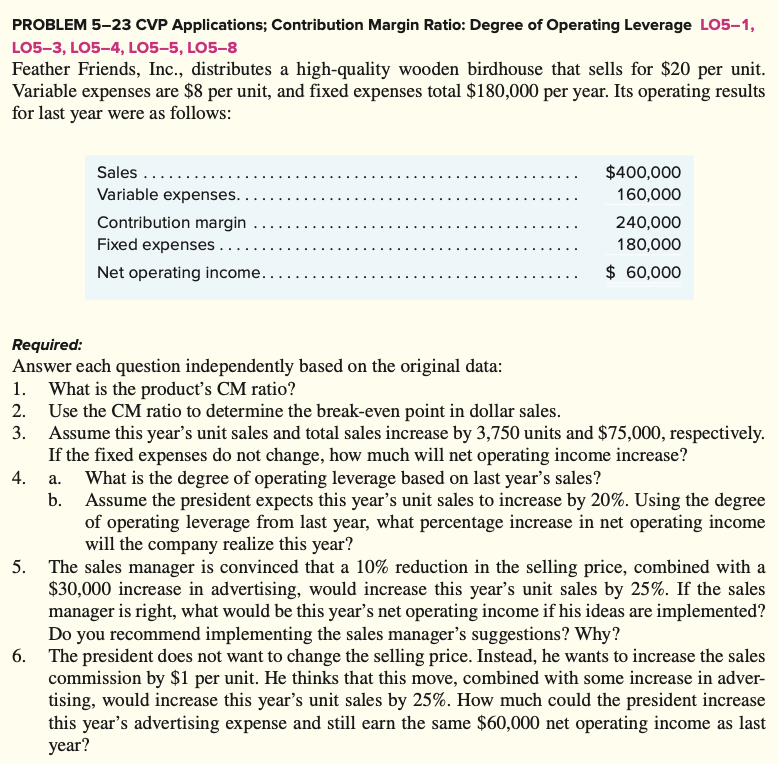 PROBLEM 5-23 CVP Applications; Contribution Margin Ratio: Degree of Operating Leverage LO5-1,