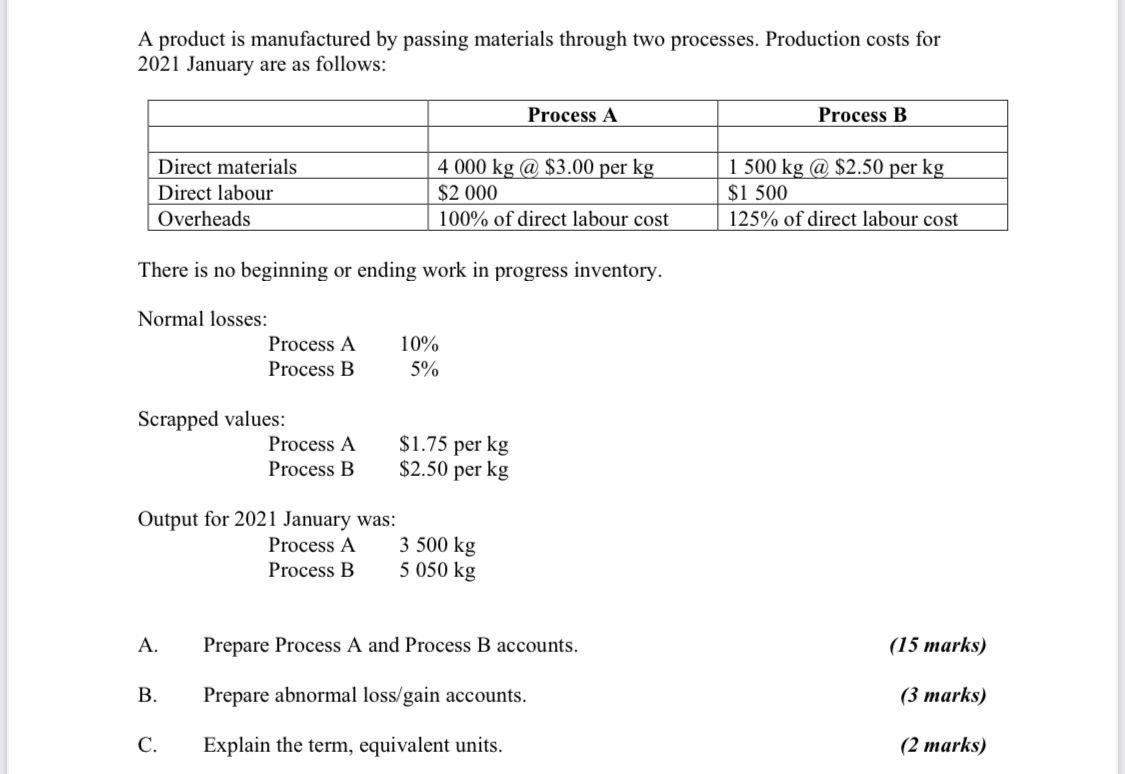 A product is manufactured by passing materials through two processes. Production costs