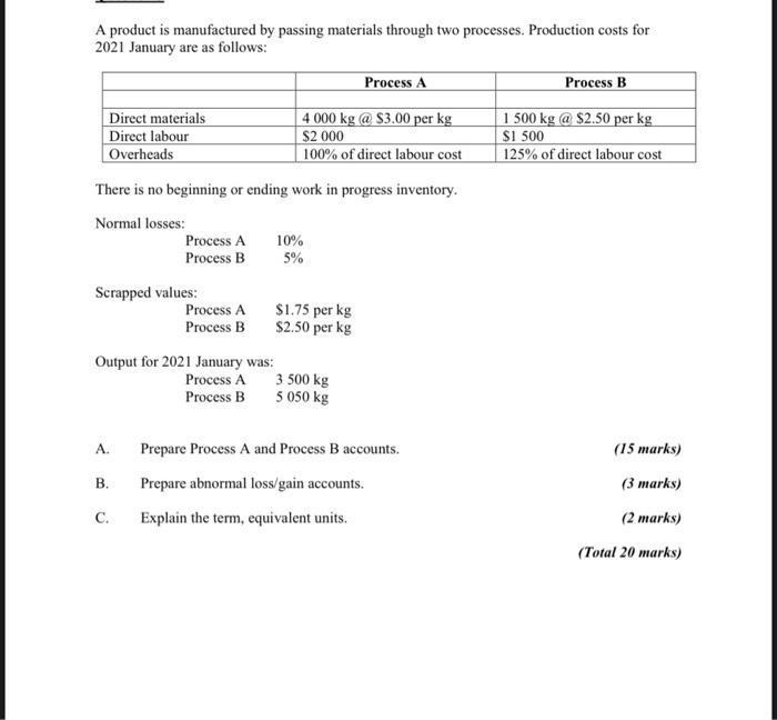 A product is manufactured by passing materials through two processes. Production costs