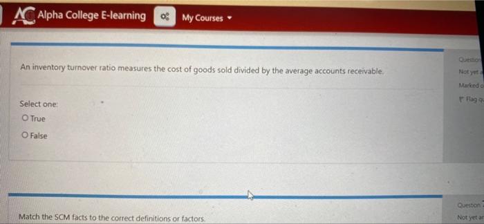 Alpha College E-learning My Courses An inventory turnover ratio measures the cost