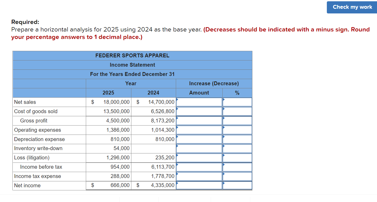 Check my work Required: Prepare a horizontal analysis for 2025 using 2024