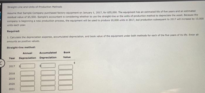 Straight-Line and Units-of-Production Methods Assume that Sample Company purchased factory equipment on