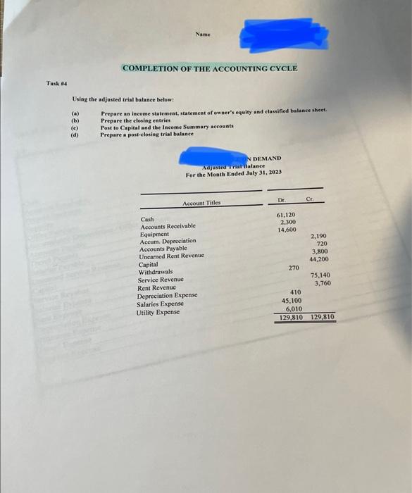 Name COMPLETION OF THE ACCOUNTING CYCLE Task #4 Using the adjusted trial