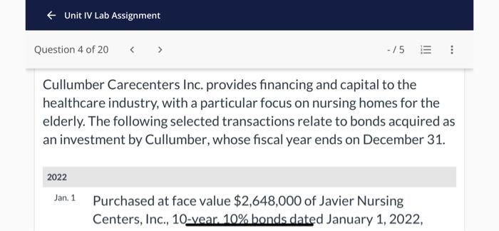 Unit IV Lab Assignment Question 4 of 20 < -/5 Cullumber Carecenters