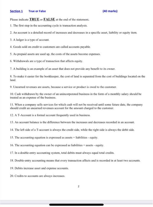 Section 1 True or False Please indicate TRUE or FALSE at the