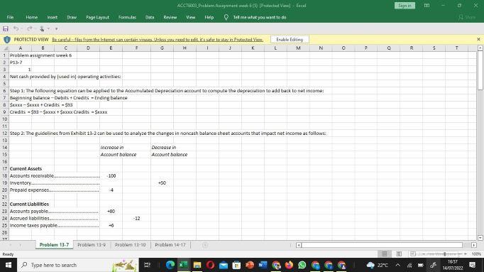 Home Insert Page Layout Formulas Review ACCT6003 Problem Assignment week (5) Protected