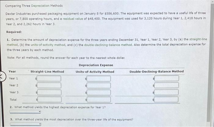 Comparing Three Depreciation Methods Dexter Industries purchased packaging equipment on January 8