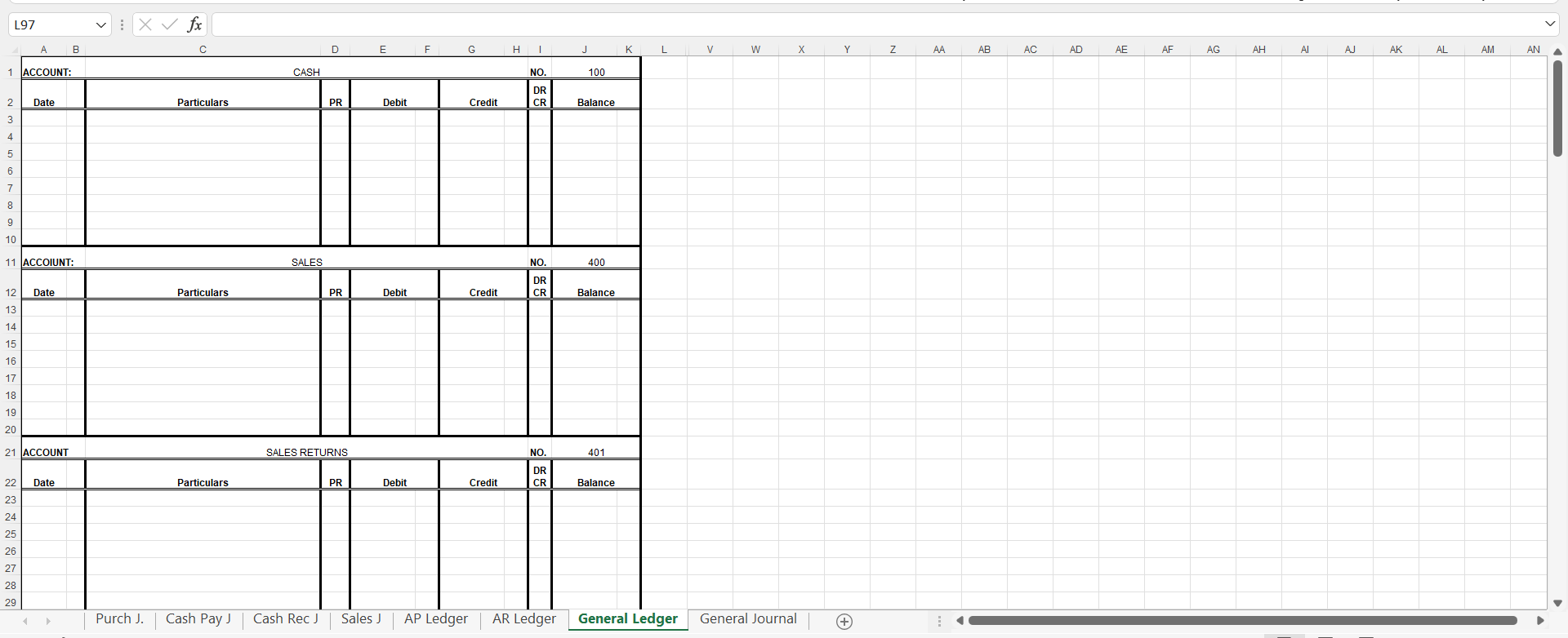 L97 A B ACCOUNT: - 23456789 Date fx C Particulars CASH D