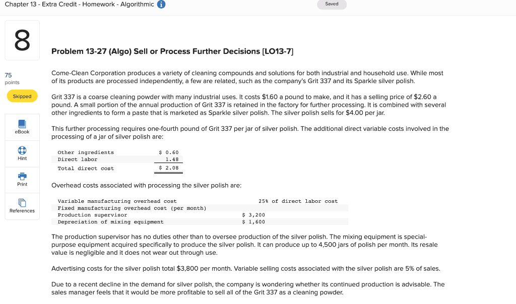 Chapter 13 - Extra Credit - Homework - Algorithmic 8 75 points