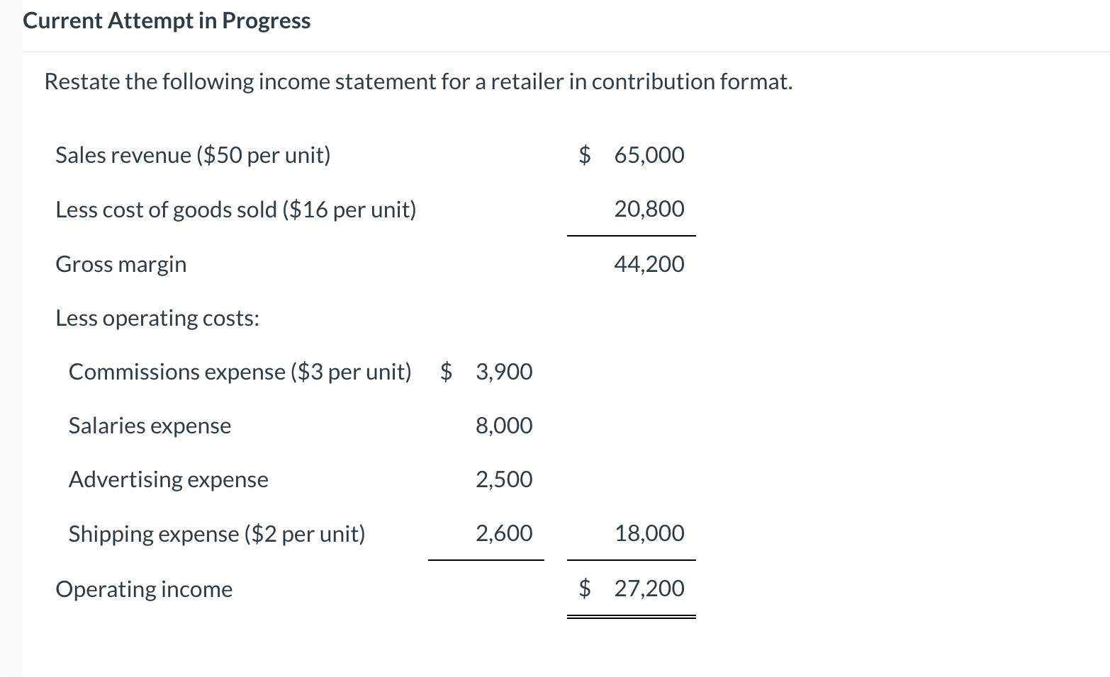 Current Attempt in Progress Restate the following income statement for a retailer